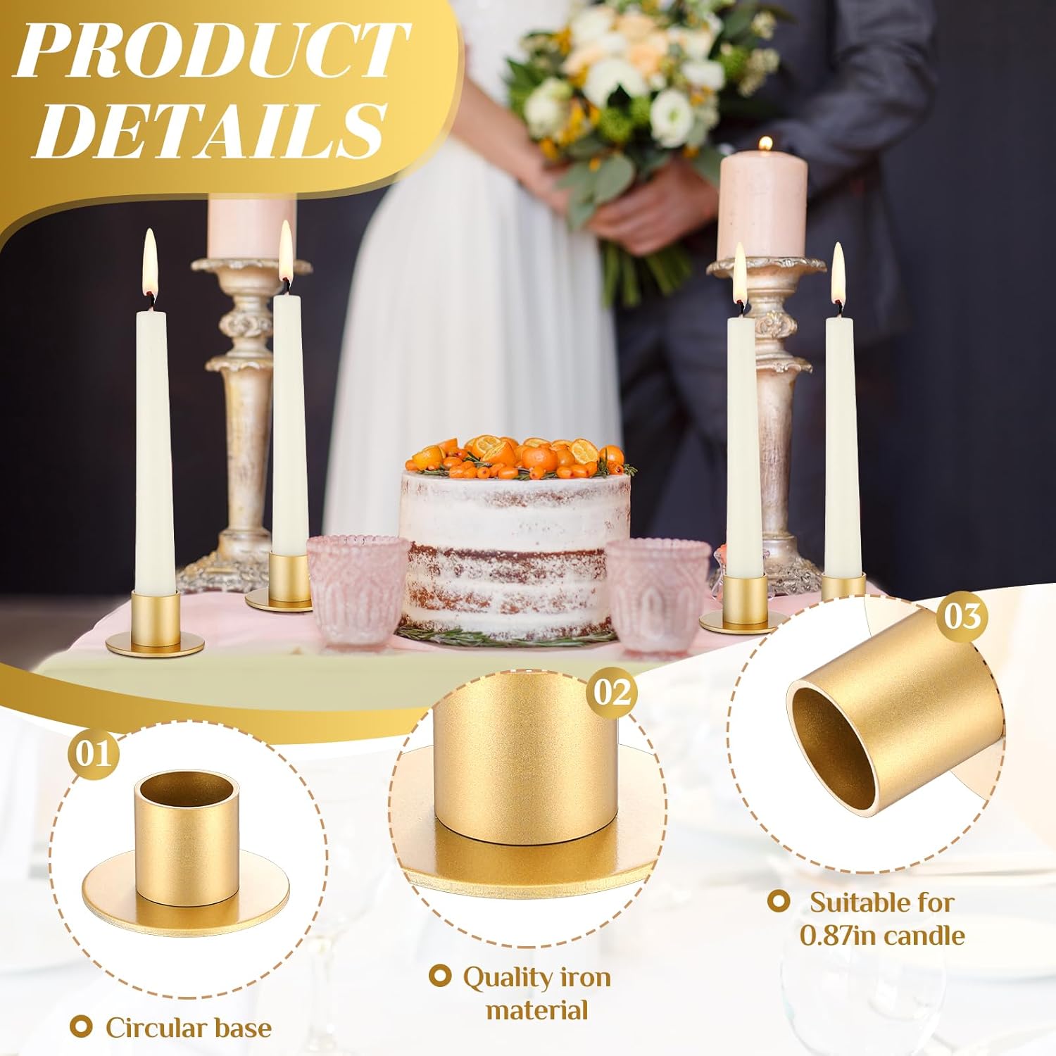 24 Pcs Gold Taper Candle Holders Bulk for Pillar Candles Metal Short Candlestick Holder Gold Centerpieces Decoration for Christmas Thanksgiving Anniversary Dinner Party